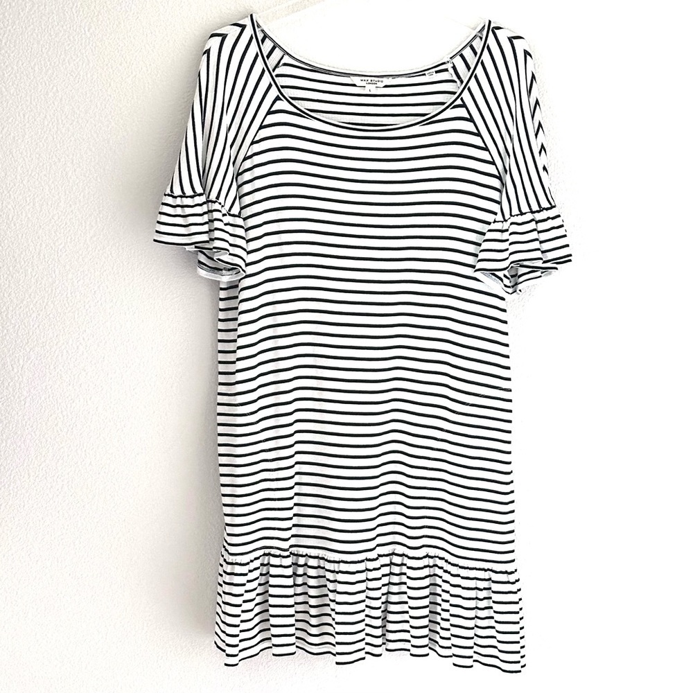 Max Studio Black and White Striped Ruffle Short Sleeve Shift Dress - Picture 4 of 5